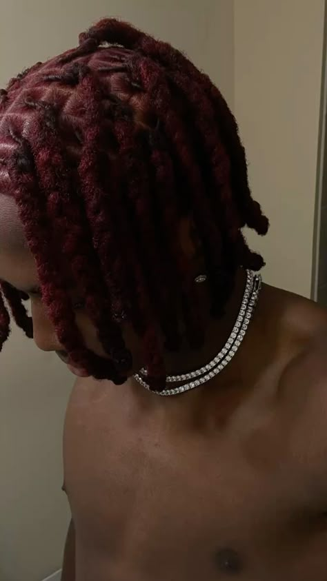 red locs Red Twists Men, Dark Red Locs Men, Burgundy Dreads Men, Burgundy Locs Men, Stud Loc Styles, Purple Locs Men, Red Locs Men, Loc Color Ideas Men, Long Red Hair Men