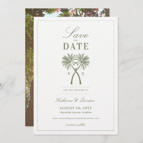 Knotted Palm Trees Tropical Wedding Save The Date Invitation #zazzle #weddinginvitations #birthdayinvitations #babyshowerinvitations #zazzleinvitations #monogram #businesscards #graduation #homedecor Green Beach Wedding, Palm Tree Wedding Invitations, Palm Tree Silhouette, Date Photo, Date Invitation, Save The Date Photos, Save The Date Templates, Date Cards, Wedding Save The Date