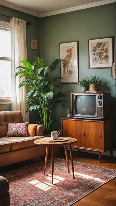 Retro Rustic Living Room, Mid Mod Eclectic Living Room, Mismatched Wood Furniture Living Room, Retro Apartment Living Room, Minimalist Retro Living Room, Vintage Decorating Ideas For The Home Retro Style Living Rooms, Vintage Mcm Living Room, Retro Living Room Aesthetic, Small Living Room With Tv Ideas