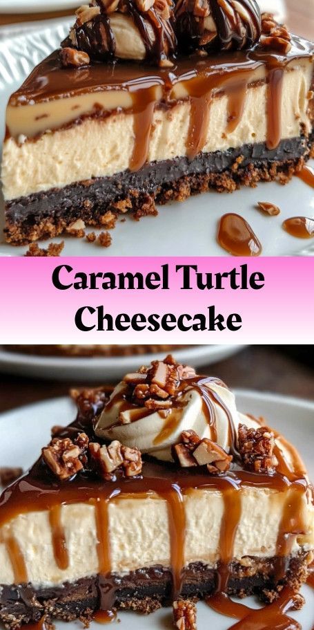 No-Bake Caramel Turtle Cheesecake Recipe - Decadent and Easy Dessert Pin Description: Indulge in the rich, gooey goodness of this no-bake caramel turtle cheesecake, a decadent treat perfect for special occasions. #NoBakeCheesecake #CaramelTurtle #CheesecakeLovers #DessertInspiration #IndulgentDessert #EasyNoBakeRecipe #ChocolateLovers #PecanDessert #SweetTooth #DessertGoals Caramel Turtle Cheesecake, Turtle Cheesecake Bars, Turtle Cheesecake Recipe, Turtle Dessert, Unique Dessert Ideas, Turtle Cheesecake Recipes, Simple Weeknight Meals, Baked Caramel, Cheesecake Layer