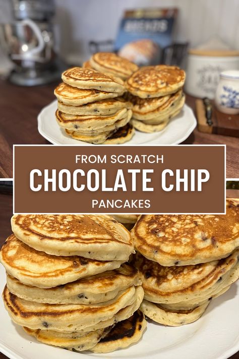 Simple recipe for chocolate chip pancakes from scratch! Delicious fluffy pancakes loaded with little bits are chocolate. Perfect breakfast recipe to freeze as well! Choc Chip Pancakes Easy, Made From Scratch Pancakes, Easy Homemade Pancakes Recipe, Best Chocolate Chip Pancakes, Fluffy Chocolate Chip Pancakes, Easy Chocolate Chip Pancakes, How To Make Chocolate Chip Pancakes, Pancake Recipe Chocolate Chip, Chocolate Chip Pancakes Recipe Easy