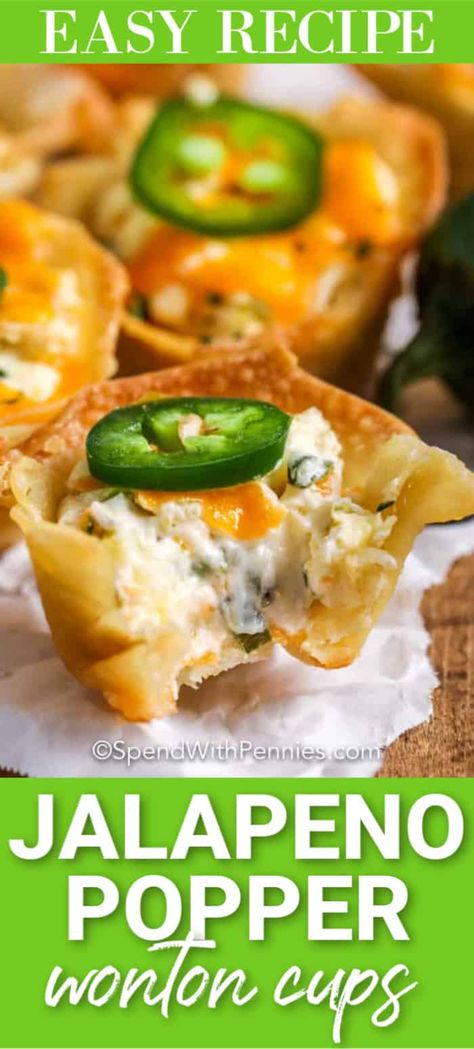 Jalapeño Popper Wonton Cups {Great Appetizer!} - Spend With Pennies  | Crisp Wonton Cups are stuffed with jalapeño popper mix for the perfect crowd-pleasing snack! Serve baked fresh and warm from the oven while the cream cheese and cheddar is super melty. You can even make them with bacon bits for a little more oomph! Jalapeno Wonton Poppers, Wonton Appetizers, Appetizer Christmas, Wonton Cups, Mexican Appetizers, Won Ton, Spend With Pennies, Jalapeno Popper, Party Appetizer