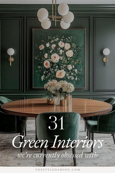 This dining room is giving us major inspiration. 🤩 

See this and 30 more inspiring green interiors including living rooms, bedrooms, bathrooms, laundry rooms, dining rooms and more. THIS is the green interior inspo you've been searching for. (Save this to your green inspiration board for later!) 💚

#greeninteriors #greenhome #greendecor Green Dining Room With Fireplace, Moody Green Dining Room Ideas, Dark Green Wainscoting Dining Room, Green Crown Molding, Color Transitions Room To Room, Green And Cream Dining Room, Deep Green Dining Room, Dark Green Dining Room Ideas, Green Paint Dining Room