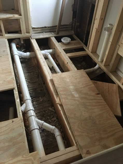 Raised Bathroom Floor Plumbing, Bow Window Living Room, Bathroom Plumbing Layout, Plumbing Layout Plan, Bathtub Plumbing, Floor Leveling, Docking Drawer, Exposed Plumbing, Plumbing Layout