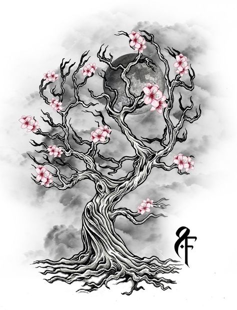 Tree Spirit Tattoo, Bonsai Tattoo, Tree Tattoo Black, Cherry Blossom Tree Tattoo, Skull Tattoo Flowers, Hand Tattoo Designs, Blossom Tree Tattoo, Crooked Tree, Cool Wrist Tattoos