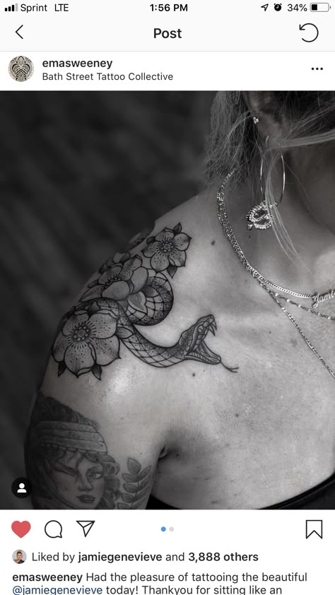 Jamie Genevieve’s snake tattoo by Emma Sweeney S Snake Tattoo, Upper Shoulder Tattoo, Jamie Genevieve, Traditional Snake Tattoo, Traditional Tattoo Sleeve, Tattoo Instagram, Flower Tattoo Shoulder, Thigh Tattoos, Tattoos Women