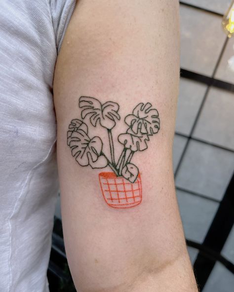 handpoked monstera today in orange and khaki green 🪴 taken from my house plant flash sheet. swipe along to see the whole sheet. loads of plants to choose from! I’d love to do more of these! I can swap the pots and colours etc too just ask message me or use my booking form to book yours ✨ handpoke tattoos at @harmlesstattoo Braintree, Essex #handpoke #stickandpoke #sticknpoke #londonhandpoke #essexhandpoke #essextattoo #suffolktattoo #hertfordshiretattoo #smalltattoo #tattooideas #fineline... Small House Plant Tattoo, Cow Plant Tattoo, House Plant Tattoo, Monstera Tattoo, Small House Plants, Stick N Poke, Flash Sheet, Plant Tattoo, Hand Poke