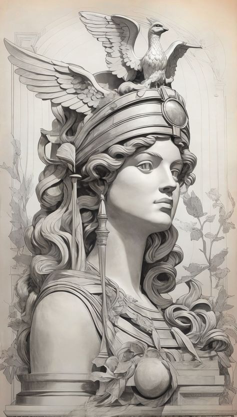 Athena Art, Ancient Greece Art, Athena Greek Goddess, Athena Tattoo, Greek Mythology Statue, Greek Goddess Art, Statue Tattoo, Ancient Greek Sculpture, Greek Mythology Tattoos