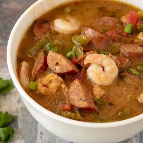 Paula Deen Gumbo, Best Gumbo Recipe, Gumbo Recipe Easy, Chicken And Sausage Gumbo, Shrimp Gumbo, Gumbo Soup, Easy Pressure Cooker Recipes, Chicken And Sausage, Louisiana Seafood