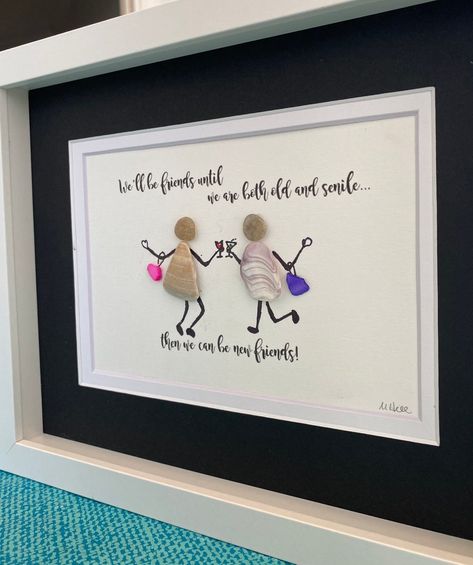 Girlfriend or Sisters Pebble & Seashell Framed Art Gift. - Etsy Funny Photo Frames, Seashell Frame, Beach Crafts, Sea Glass Art, Shell Art, Little Birds, Pebble Art, Message Card, Assemblage