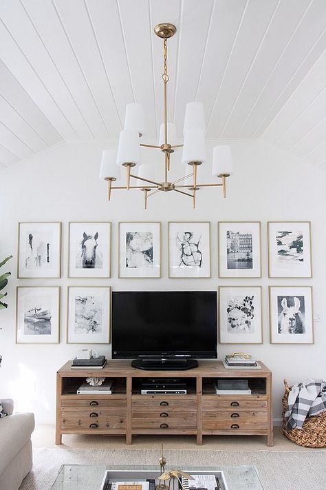 Great idea for decorating around your TV - hang similar sized art pieces in a grid around it! Tv Wanddekor, Family Room Reveal, Driven By Decor, Family Room Makeover, Home Theaters, Flat Screen Tv, Tv Wall Decor, Dekorasi Kamar Tidur, Living Room Remodel