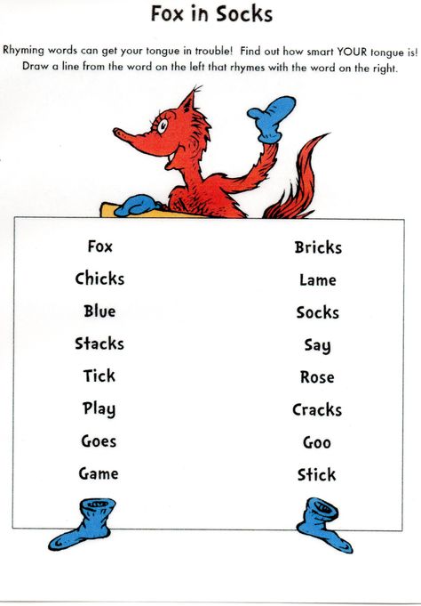 Fox in Socks Rhyming Word Worksheet Fox And Socks Activities, Fox In Socks Activities Preschool, Fox In Socks Activities, February Preschool, Rhyming Words Worksheets, Phonics Lesson Plans, Fox In Socks, Dr Seuss Preschool, Rhyming Worksheet