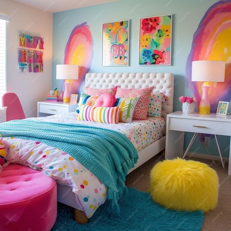 Color Pop Bedroom Ideas, Two Bed Small Room, Bright Happy Bedroom Ideas, Gabby’s Dollhouse Bedroom, Eight Year Old Girl Bedroom, Girls Bright Bedroom Ideas, Room Decor For Girls Bedrooms, Funky Girls Bedroom, Room Ideas For Girls 10-12