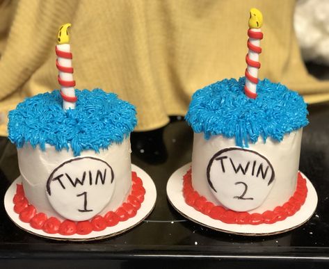 Thing One And Thing Two Birthday Cake, First Twin Birthday, Thing 1 Thing 2 Smash Cake, Thing 1 Thing 2 Birthday Party, 1st Twin Birthday Ideas, Twin First Birthday Cake, First Birthday Twin Boys, Boy Girl Twin First Birthday Theme, Twin Boy 1st Birthday Themes