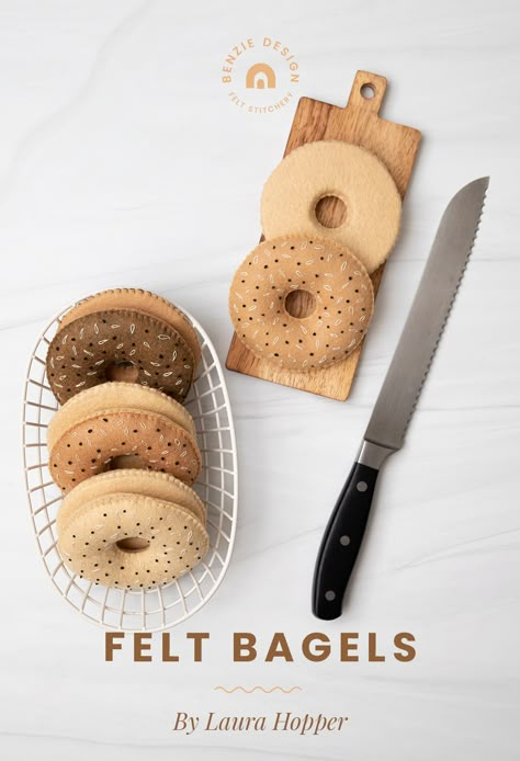 Felt Bagel Tutorial – Benzie Design Felt Bread Patterns Free, Felt Scrambled Eggs, Felt Bagel Pattern, Diy Felt Bread, Felt Bakery Food Free Pattern, Felt Cinnamon Rolls Diy, Felt Bread Pattern, How To Make Felt Food, Easy Felt Food Diy