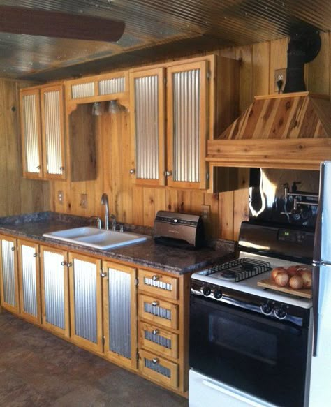 Distressed Kitchen Cabinets, Metal Kitchen Cabinets, Kitchen Organizing Ideas, Distressed Kitchen, Epoxy Countertops, Tin Ideas, Pallet Kitchen, Tin Kitchen, Barn Kitchen