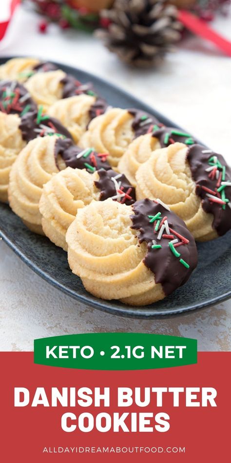 Tender and buttery, and just like the cookies that came out of the blue tin! These keto Christmas cookies will make you feel like a kid again. #ketoholidays Low Carb Butter Cookies, Christmas Keto Desserts, Keto Pizzelles, Christmas Cookies For Diabetics, Keto Christmas Baking, Keto Christmas Treats, Keto Danish, Keto Christmas Desserts, Sugar Free Christmas Cookies