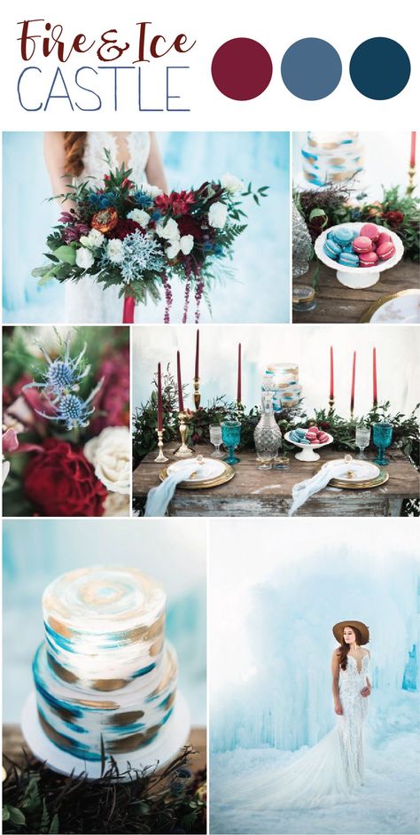 Fire  Ice Castle Wedding Inspiration #icecastlewedding #fireandicewedding #vintageicecastlewedding #winterweddingideas #burgundywedding #snowywedding Ice Castle Wedding, Fire And Ice Wedding, Ice Wedding, Frozen Wedding, Snowy Wedding, Ice Castle, Winter Wedding Bouquet, Winter Wedding Cake, Ice Castles