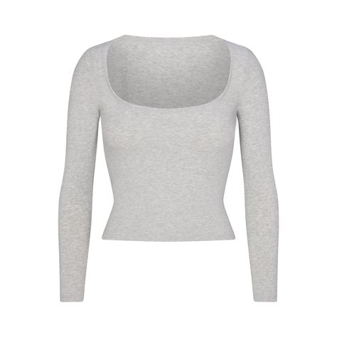 "Find SKIMS Cotton Jersey Scoop Neck Long Sleeve Top on Editorialist. Another SKIMS tee that can’t be topped. Featuring a wide scoop neckline and long sleeves, this must-have style is designed in the softest Cotton Jersey fabric that made our viral tee so popular. Fits true to size. XXS-XL 2X-4X Length 19\" 21\"" Long Sleeve Fitted Shirts, Grey Long Sleeve Shirt Outfit, My Wishlist Ideas, Cashmere Tshirt, Where To Get Cute Clothes, Cute Long Sleeve Tops, Cute Long Sleeve Shirts, Long Sleeve Grey Shirt, Grey Clothes