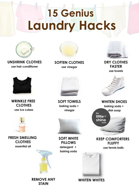 15 BEST LAUNDRY HACKS to Save You Time and Money - The Little Shine How To Wash Clothes, How To Whiten White Clothes, Vinegar Fabric Softener, How To Whiten Shoes, Laundry Whitening, How To Whiten Clothes, Laundry Tips And Tricks, Stain Remover Spray, Daily Life Hacks