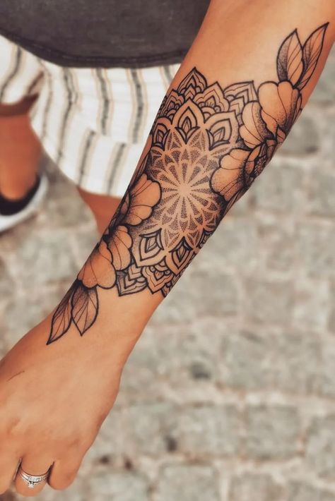 Sleeve Flowers Woman, Arm Band Mandala Tattoo, Women’s Mandala Tattoo, Mandala Tattoo Women Arm, 6rilink Tattoo, Forearm Tattoo Women Sleeve Mandala, Womans Forearm Tattoo, Forearm Mandala Tattoo Women, Mandala Forearm Tattoo For Women