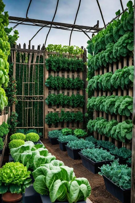 Vegetable garden with trellises and supports Greenhouse Vegetables Ideas, Vegetable Garden Front Of House, Green House Plants Gardening, Garden Growing Ideas, Vegetable Gardens Ideas Backyard, Courtyard Vegetable Garden, Modern Vegetable Garden, Vegetable Garden Landscape, Grow Vegetables In Pots