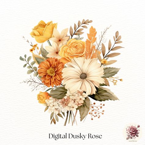 Autumn Bouquet Clipart, Fall Arrangement, Watercolor Flowers, Orange Sunflowers, Wild Flowers, Leaves https://digitalduskyrose.etsy.com/listing/1720753680 🍁🌻 Featuring beautiful watercolor flowers, including orange sunflowers and wildflowers, these fall arrangements capture the essence of the season. Perfect for adding a touch of autumn magic to your designs, each 5x5 inch clipart at 300 dpi brings vibrant fall leaves and stunning floral arrangements to life. Ideal for wedding invitations, ... Sunflowers And Wildflowers, Orange Wildflowers, Wildflower Clipart, Wildflowers Painting, Flowers In Watercolor, Bouquet Clipart, Autumn Bouquet, Orange Sunflowers, Orange Watercolor