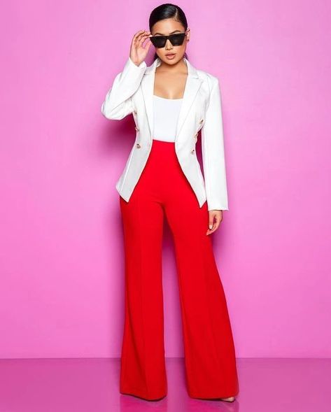 Shop Red Pants Red Dress Pants Outfit, Red Flare Pants Outfit, Red Wide Leg Pants Outfit, Red Work Outfit, Red Outfit Winter, Outfit Pantalon Rojo, Ootd Formal, Red Blazer Outfit, Red Pants Outfit