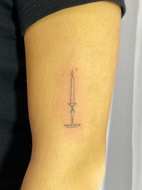 fineline tattoo by @chaotink Tiny Candle Tattoo, Candlelight Tattoo, Tattoos Candle, Matching Candle Tattoo, Candle Stick Tattoo, Fine Line Candle Tattoo, Candle Light Tattoo, Small Candle Tattoo, Candlestick Tattoo