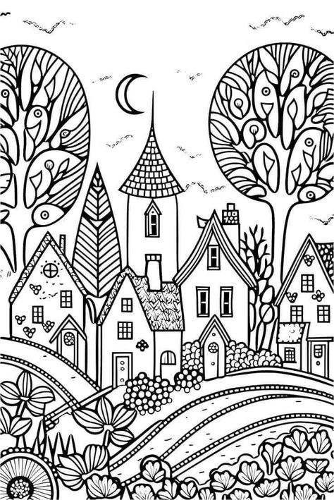 Small Town Painting, Simple Landscape Coloring Pages, Whimsical Houses Drawing, Naive Art Houses, Whimsical Coloring Pages, Naive Art Landscape, Folk Art Coloring Pages, Town In The Woods, Swedish Village