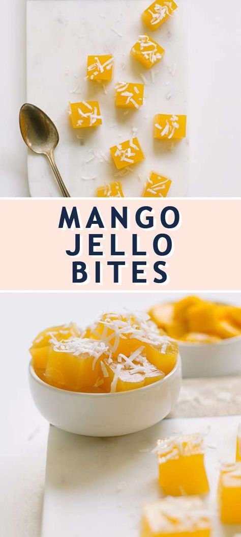 Mango Jello Bites Recipe - Sugar & Cloth Desserts Mango Jello Recipes, Jello Bites, Mango Jello, Homemade Jello, Chinese Desserts, Vegan Jerky, Coconut Bites, Mango Pudding, Party Food Dessert