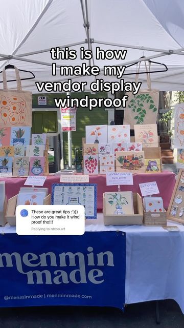 Menmin Made on Instagram: "My display has been knocked out dozens of times from gusts of wind. 💨 Wind is the hardest part about doing outdoor markets. These are a few things you can do to help your display stay put! #craftfair #craftfairdisplay #craftfairseason #markettips #outdoormarket #bayareaartist #asianamericanartist #aapiartists #oaklandartist" Craft Display Booth Ideas, Earring Booth Display Ideas, Outdoor Vendor Booth Display Ideas, Booth Signage Ideas, Magnet Display Ideas Craft Fairs, Vendor Magnet Display, Vendor Display Shelves, Outdoor Vendor Booth Ideas, Vendor Booth Payment Sign