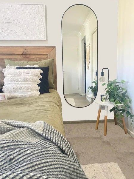 Aesthetic Wall Mirror Bedroom, Full Length Wall Mirror Ideas Bedroom, Aesthetic Full Length Mirror, Full Size Mirror In Bedroom, Minimalist Bedroom Mirror, Mirror Wall Decor Bedroom Ideas, Wall Mirror Ideas Bedroom, Aesthetic Mirror Decor, Full Length Mirror Design