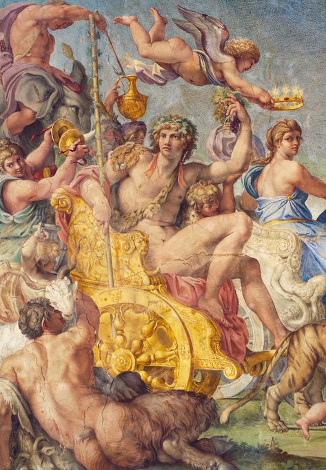 Carraccio's Loves of the Gods, Detail with Ariadne and Bacchus (central panel) Bacchus Painting, Ariadne And Dionysus, Ariadne Painting, Greek God Oil Painting, Old Paintings Greek Gods, Neoclassical Painting, Ancient Greece Art, Palazzo Farnese, Annibale Carracci