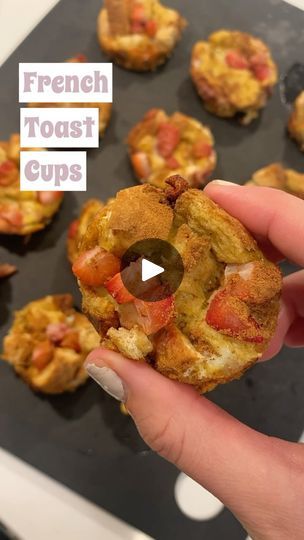 1.6M views · 49K reactions | My daughter LOVED these french toast cups! 😍 They are perfect to make ahead and store for busy mornings! Ingredients  * 3 eggs * 3 tbsp maple syrup * 1.5 tsp vanilla * 1/3 cup milk * 4-5 pieces bread * strawberries or blueberries * optional cinnamon Instructions  * Preheat your oven to 350°F * Cut the bread into small squares. Grease a muffin tin with cooking spray and place the bread squares into each muffin cup. * In a bowl, whisk together the eggs, maple syrup, vanilla extract, and milk until well combined. Carefully pour the egg mixture over the bread squares, ensuring they are all soaked evenly. * Add a few strawberries or blueberries to each cup. Sprinkle cinnamon on top if desired. * Bake in the preheated oven for 16-18 minutes or until the French Toas French Toast Cups, Toast Cups, French Toast Muffins, Muffin Cup, Egg Muffin, Cooking Spray, Breakfast Cups, 3 Eggs, Muffin Tins