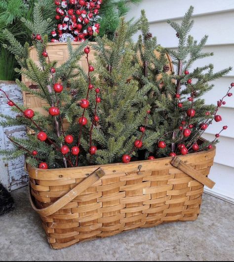 Wooden Box For Christmas Tree, Enamelware Christmas Decor, Christmas Basket Centerpiece, Basket Christmas Decor, Christmas Greenery Arrangements, Evergreen Planters, Christmas Decir, Lake Christmas, Diy Christmas Baskets