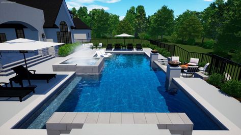 Rectangular Pool with Tanning Shelf, Spillover Spa, Raised Wall with Scuppers and Sunken Firepit - St. Louis' Premier Pool Company Pool With Hot Tub And Tanning Ledge, Spillover Spa, Pool With Hot Tub, Geometric Pool, Rock Fountain, Tanning Ledges, Rectangular Pool, Pool Design, Firepit