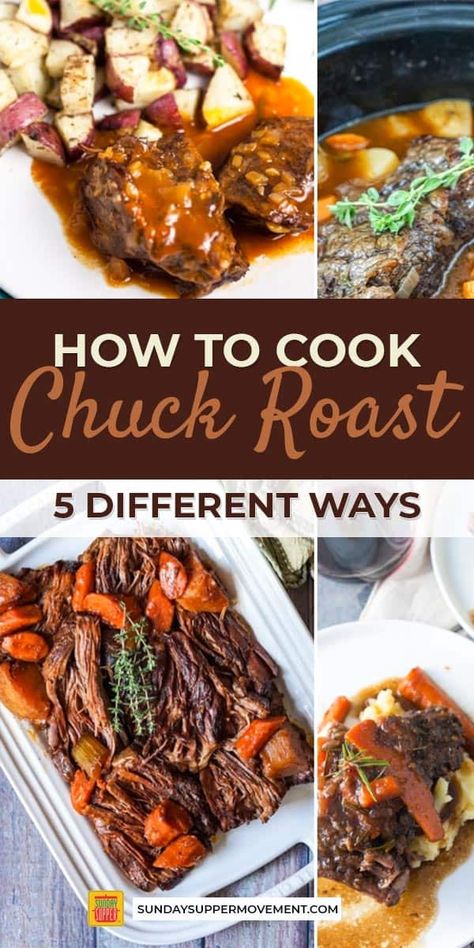 Say hello to your new favorite cut of beef! Beef chuck roast is one of the most versatile cuts of beef you can buy, and it's economical, too. Learn what to do with boneless chuck roast 5 ways, from the oven to instant pot pot roast and every method in between, and you will want to cook it all of the time!  #SundaySupper #beefrecipes #chuckroast #beefchuck #roastrecipes #holidayrecipes #holidayfood #roastbeef #easyrecipes #dinners #dinnerideas Ideas For Chuck Roast Meat, Ways To Cook Chuck Roast, How To Cook Beef Chuck Roast, Recipes For Chuck Roast Meat, Best Way To Cook Chuck Roast, Pot Roast In The Oven Roasting Pan, How To Cook Chuck Roast, How To Cook A Chuck Roast In The Oven, Chuck Roast Recipes Oven