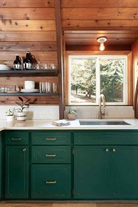 A Scandinavian-Style Cabin Creates a Happy Oregon Retreat Cabin Renovation, Cabin Interior Design, Log Cabin Interior, River Cabin, Green Kitchen Cabinets, Cabin Kitchens, Cabin Interiors, Cabin Living, Green Cabinets