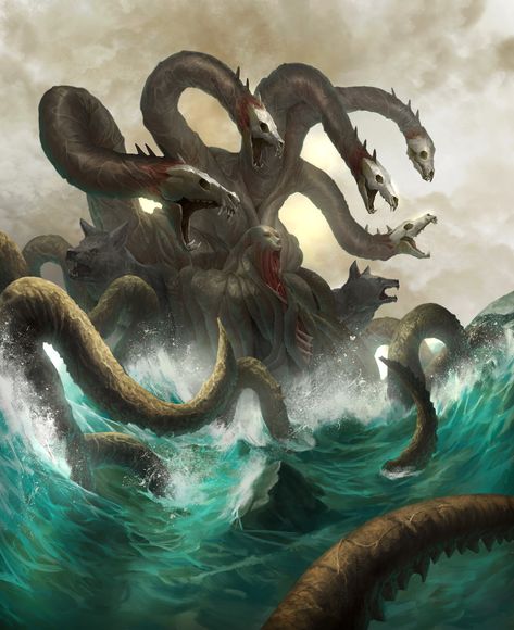 Hex - Scylla, Sebastian Rodriguez on ArtStation at https://www.artstation.com/artwork/vr3yD Hydra Greek Mythology, Greek Creatures, Creature Fantasy, Mtg Art, Greek Mythology Art, Fantasy Beasts, 다크 판타지, Monster Concept Art, Mythology Art