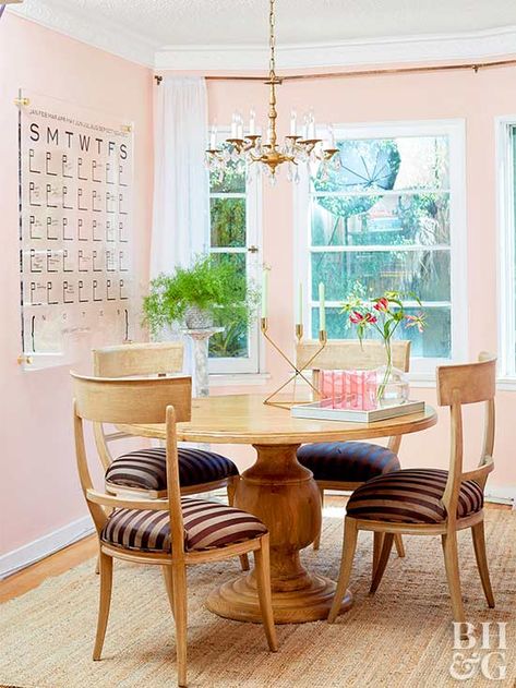 Millennial Pink is the Hottest Home Hue and Here's Why Blush Pink Dining Room, Pink Room Decor Ideas, Pink Presents, Pink Damask Wallpaper, Pink Dining Room, Hot Pink Walls, Taupe Walls, Shotgun House, Pink Room Decor