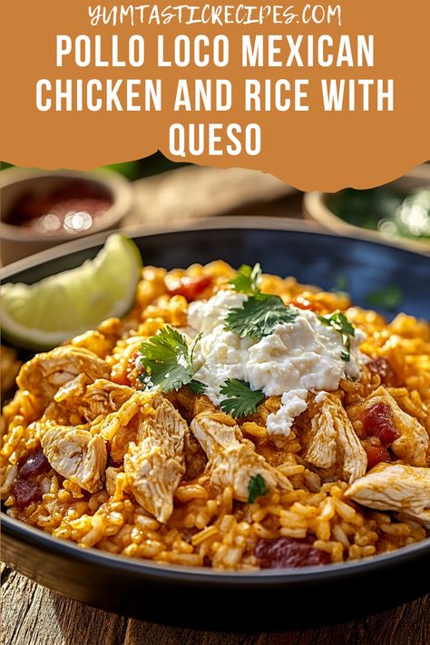 Simplify your weeknight dinners with this Pollo Loco recipe. Tender chicken and aromatic saffron rice come together under a blanket of creamy queso, creating a dish that's both comforting and indulgent. Ready in no time, it's the perfect solution for busy evenings. Give it a try!

#WeeknightDinner #EasyRecipes #PolloLoco #MexicanFood #CheeseLovers Cheesy Chicken And Mexican Rice, Mexican Dinner With Chicken, Homemade Pollo Loco, Pollo Loco Mexican Chicken And Rice, Mexican Chicken And Rice With Queso, Polo Loco Chicken Recipe, Chicken And Rice With Queso, Pollo Loco Recipe, Spicy Queso Dip