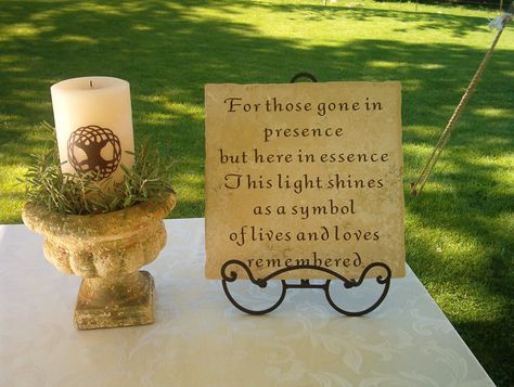 DIY Celtic Tree of Life memorial candle and plaque in loving memory of those close to our hearts who are no longer with us.  Sprigs of live rosemary, for remembrance, surround the candle. Celtic Wedding Arch, No Longer With Us Wedding, Celtic Party Ideas, Pagan Style Wedding, Celtic Wedding Ideas Decor, Pagan Wedding Ideas Decor, Diy Viking Wedding Decor, Celtic Wedding Decor, Celtic Wedding Decorations