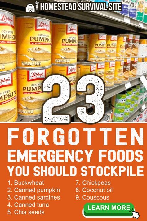 For many people, preparing an emergency food supply ends right about here. Okay, maybe you can add in granola bars, powdered milk, and trail mix as well. However, if you complete your preparations with these items, you are missing the opportunity to store many nutritious survival foods for your family. Here is a list of often forgotten emergency foods to consider that offer extended shelf life and provide needed calories and nutrients in an emergency. Prepping Food Survival List, Food To Store For Emergencies, 3 Month Emergency Food Supply List, Prepping Food Survival, Stuff You Need, Prepping Survival Emergency Preparedness, Emergency Food Supply List, Emergency Preparedness Kit List, Foods To Stockpile