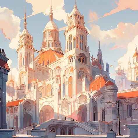 Cathedral Concept Art, Elemental Dnd, Dnd Waterdeep, Butterfly Reign, Castle Concept Art, Ideas Background, Roman Church, Painting Architecture, City Background