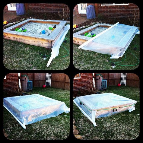 Cover sandbox with plastic and secure... this would probably be best as a temporary solution if you built the box and the lid wasn't done yet. Diy Sandbox With Cover Easy, Sandbox Cover Diy, Sandbox Ideas, Sandbox Plans, Sandbox With Lid, Build A Sandbox, Sandbox Cover, Backyard Sandbox, Diy Sandbox