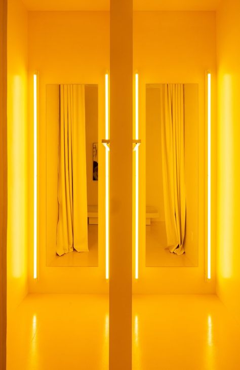 Yellow Lighting, Neon Store, Brooklyn Design, Frame Interior, Ceiling Curtains, New York Architecture, Architecture Magazine, Spatial Design, Yellow Neon