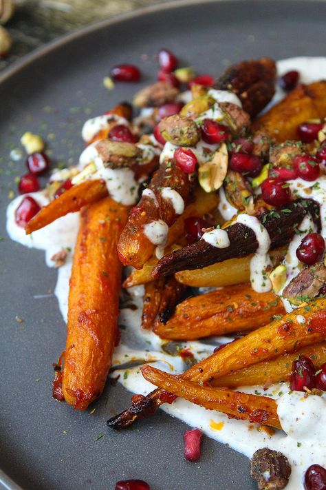 Harissa Honey Carrots with Tahini Yogurt Sauce Friends Dinner Recipes, Sweet Potato Carrot Recipes, Veggie Christmas Dinner, Harissa Yogurt Sauce, Greek Carrot Recipes, Maple Roasted Carrots In Tahini Sauce With Pomegranate And Pistachios, Vegan Carrot Recipes, Carrots With Yogurt Sauce, Veg Side Dishes