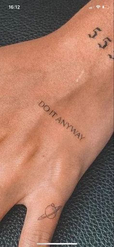 Tattoo Artist Quotes Inspiration, Tattos Ideas Minimalista, Just Be Tattoo, Esthetician Tattoo Ideas, 60 Seconds Tattoo, Words Tattoos For Women, Do It Anyway Tattoo, Hand Tattoo Placement, Embrace Tattoo