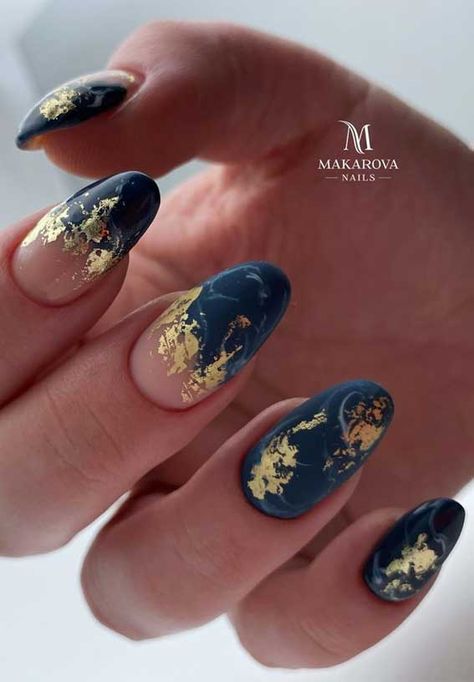 Most Beautiful Nail Designs You Will Love To wear In 2021 : Green Swirl Nail Art Nail Designs Blue And Gold, Dark Swirl Nails, Navy Marble Nails, Nailart Designs Elegant, Blue And Gold Manicure, Navy Blue Swirl Nails, Blue And Gold Marble Nails, Blue And Gold Swirl Nails, Dark Blue Marble Nails